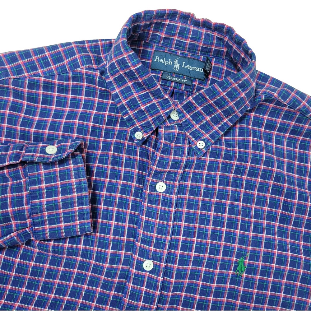 Vintage Ralph Lauren Classic Fit Mens Medium Blue Red Plaid Pony Button Down
